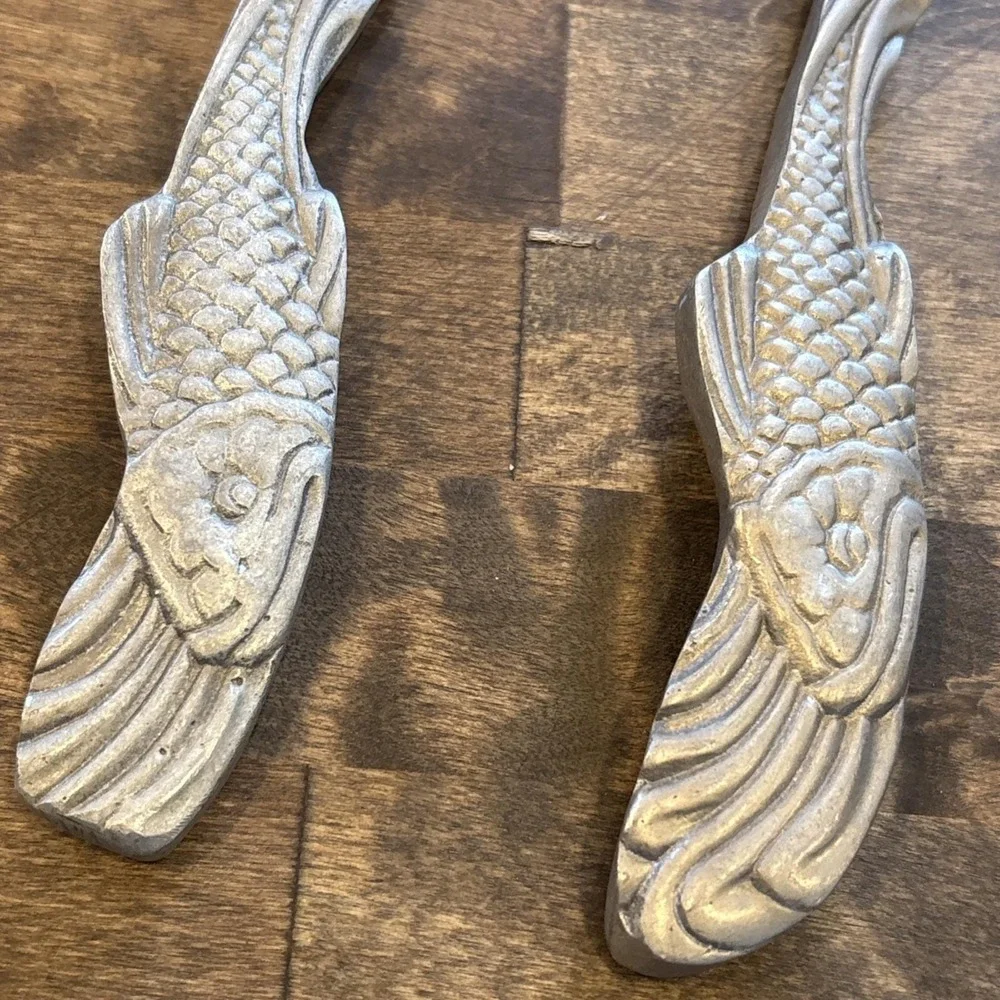 Vintage Hand-Cast Pewter Koi Fish Salad Serving Set - Artisan C.16 Pattern 11.5